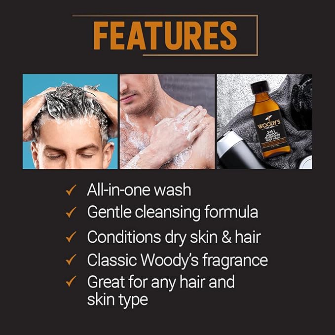 Woody's Mens 3-in-1 Shampoo, Conditioner, & Body Wash Travel-Size, Refreshing Multi-Use Cleanser Grooming Essential, 1.7 fl oz