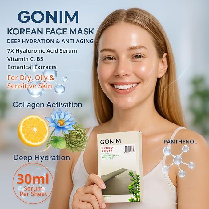 GONIM Face Mask Korean Skin Care with Hyaluronic Acid Serum & Collagen Activation, Face Masks Skincare with Vitamin C, Moisturizing Sheet Mask for All Skin, Korean Face Mask Travel Essentials 5 Sheets