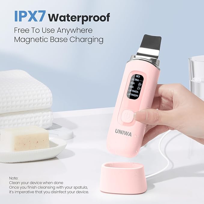 UNIWA Skin Scrubber Face Spatula, Skin Scrubber Pore Cleaner Blackhead Remover Tool for Deep Facial Cleansing - 4 Modes, Face Spatula with USB Charger, LCD Display, IPX7 Waterproof -Pink