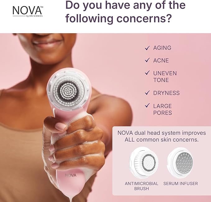 Spa Sciences - NOVA - Sonic Cleansing Brush with Bristles & Infusion System – Anti-Aging Facial Exfoliating, Waterproof, and USB Rechargeable