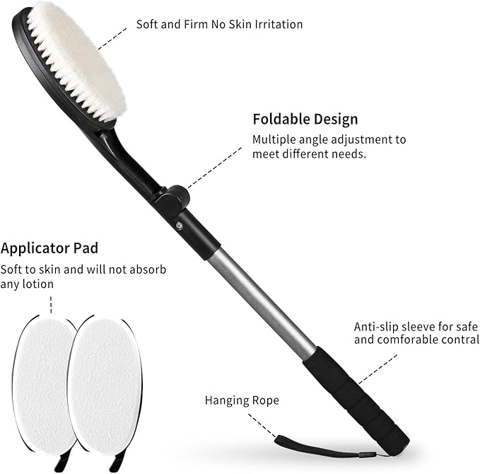 EASACE Body Brush for Back,Lotion Applicator, Long Handle Bath Brush for Showering, Adjustable Head Back Scrubber, Shower Brush with Soft Bristles for Wet or Dry