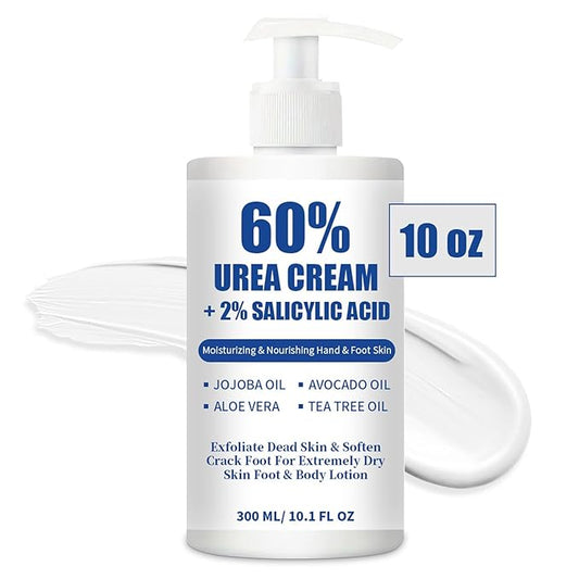 Urea Cream 60% plus 2% Salicylic Acid for Feet Maximum Strength - Lotion For Dry Cracked Feet Elbows Knees Heels Hands, Hydrates Foot Care for Softening and Moisturizing, Callus Remover 10.1oz