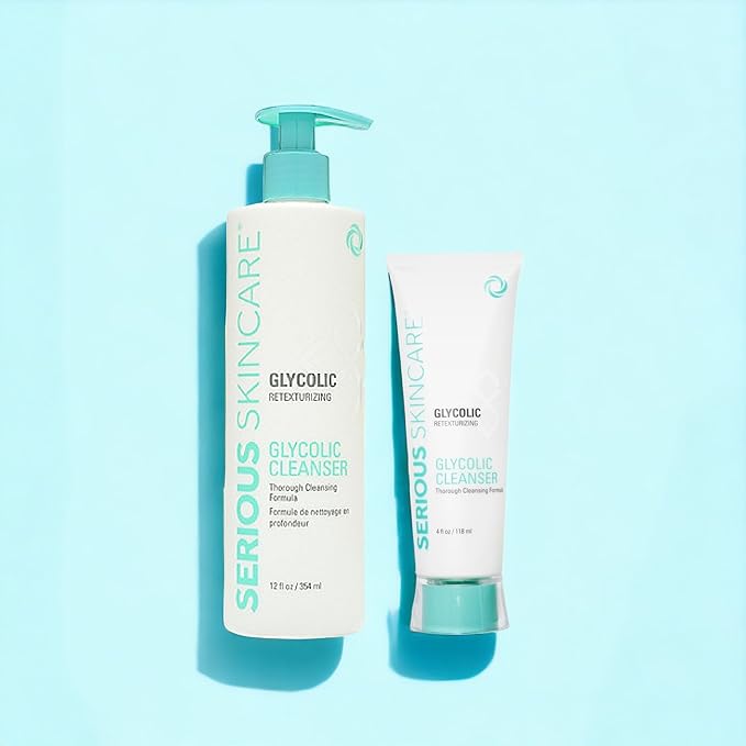 Serious Skincare Glycolic Acid Cleanser, Exfoliating Face Wash,10% Glycolic Acid, Deep Pore Purifying, Removes Makeup, Oil, and Impurities, Shave Prep, Anti-Aging for Women & Men 12 Oz & 4 Oz