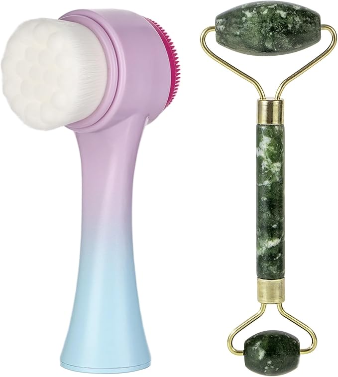 Face Brush 2 in 1, Silicone Facial Cleansing Exfoliating Brush Soft Bristles Pore Deep Cleansing, Jade Face Roller Skin Care Tools, Manual Dual Face Wash Scrub Brush Massaging Gift