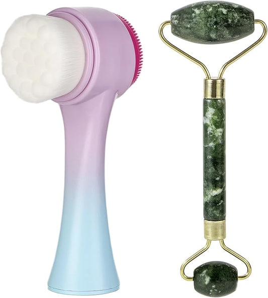Face Brush 2 in 1, Silicone Facial Cleansing Exfoliating Brush Soft Bristles Pore Deep Cleansing, Jade Face Roller Skin Care Tools, Manual Dual Face Wash Scrub Brush Massaging Gift