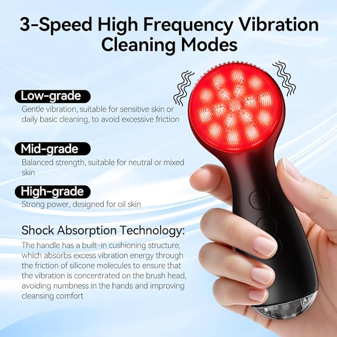 Facial Cleansing Brush, Face Scrubber, Electric Face Brush with 7 Colors, Rechargeable Waterproof Exfoliator with Heat and Vibration, Deep Cleansing and Massage for Men and Women(Black)