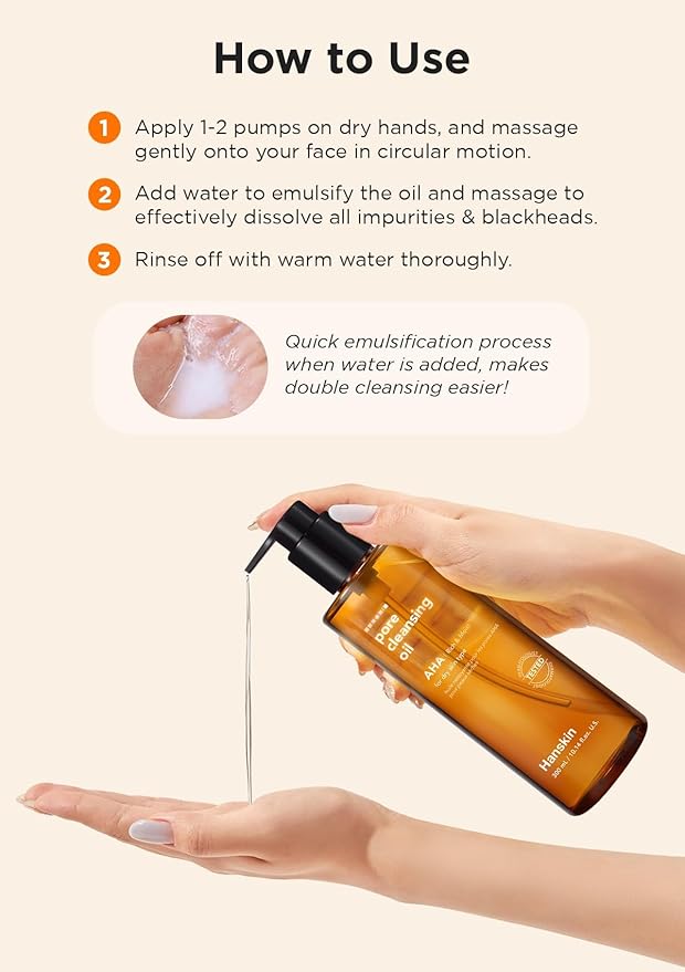 Hanskin AHA Pore Cleansing Oil for Dry Skin, Exfoliating, Waterproof Makeup Sebum Remover Facial Oil Cleanser for Face, Moisturizing for Soft Skin, Korean Skincare [AHA/10.14 oz.]