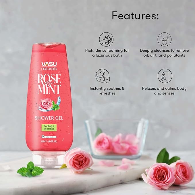 Vasu Naturals Shower Gel Body Wash for Men Women, Pack of 2-8.45 fl oz Each, Deep Cleansing & Hydrating Formula for Smooth, Refreshing, Nourished Skin, Paraben and Sulfate Free (Rose & Mint)