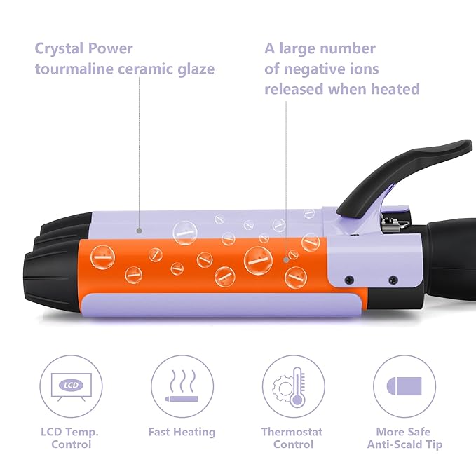 32mm Aima Beauty Big Wave Curling Iron Mermaid Hair Waver 3 Barrel Hair Crimper LCD Display Extra Long Barrel Multiple Temperature Negative Ionic Fast Heat Up (Purple)