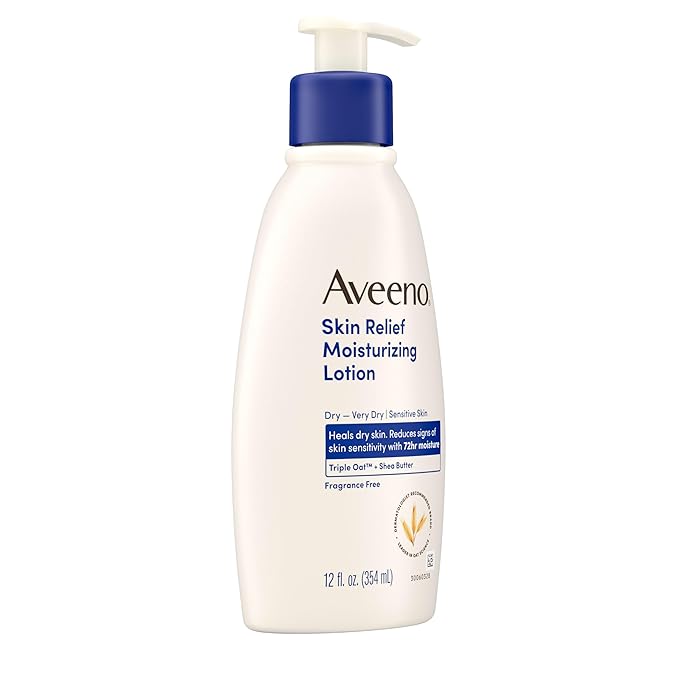 Aveeno Skin Relief Moisturizing Lotion Heals Very Dry, Sensitive Skin, Fast-Absorbing Body Lotion with Soothing Triple Oat & Shea Butter Formula, Fragrance Free, Non-Comedogenic, 12 fl. oz