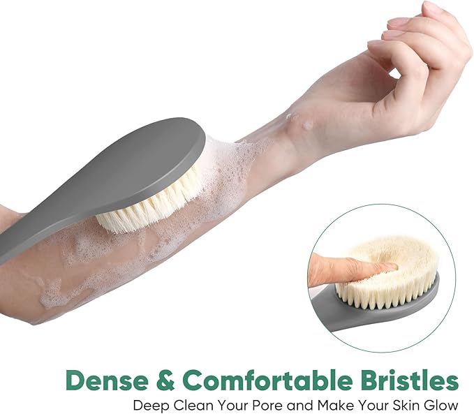 Back Scrubber for Shower, 17-Inch Shower Brush for Men and Women, Long Handle Exfoliating Body Brush, Medium Bristle Stiffness for Dry or Wet Brushing (Deep Gray)