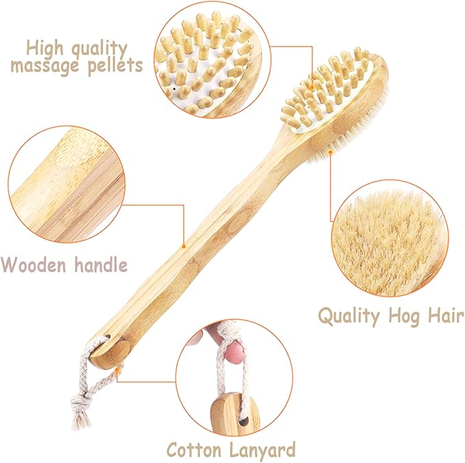 BoAn Dry Brushing Body Brush with Long Handle and Dual Sided,Dry Body Brush for Cellulite and Lymphatic,Bath Brush for Shower Back Scrubber and Cellulite Massager