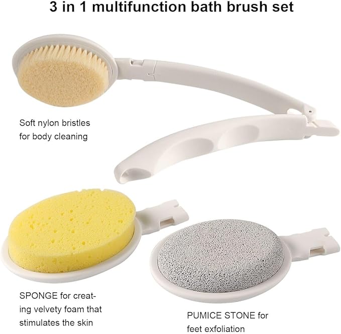 LFJ 19" Long Handle Shower Sponge Brush Set, 3 in 1 Body Brush, Bath Sponge and Lotion Applicator Improved Skin Health, Suitable for Men and Women (White Brush with pumice-1P)