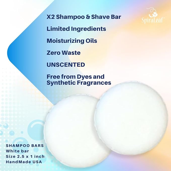 Spiraleaf Solid Shampoo Bars x2 – UNSCENTED Shampoo Bars, All Hair Types, Rich Nourishing Oils, Fragrance-Free, Dye-Free, Concentrated Formula, Crafted in the USA