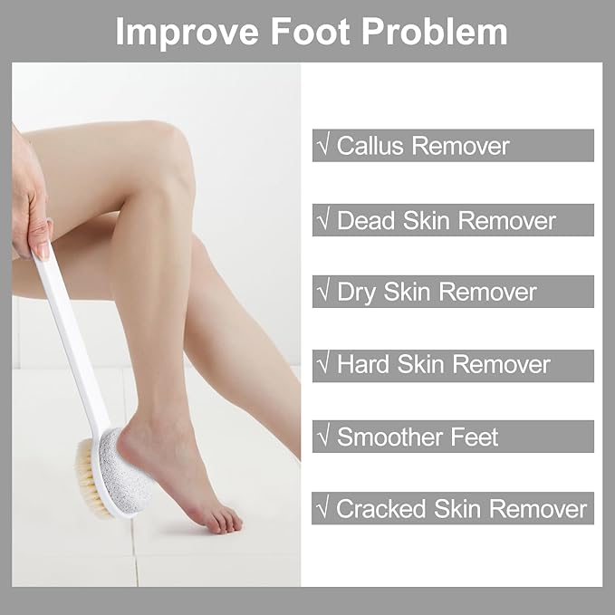 Pumice Stone for Feet and Shower Brush with Long Handle, 3Pcs Hard Skin Callus Remover, 2 in 1 Foot Scrubber Brush, Back Scrubber Body Brush for Shower Deep Cleansing and Exfoliating, Straight