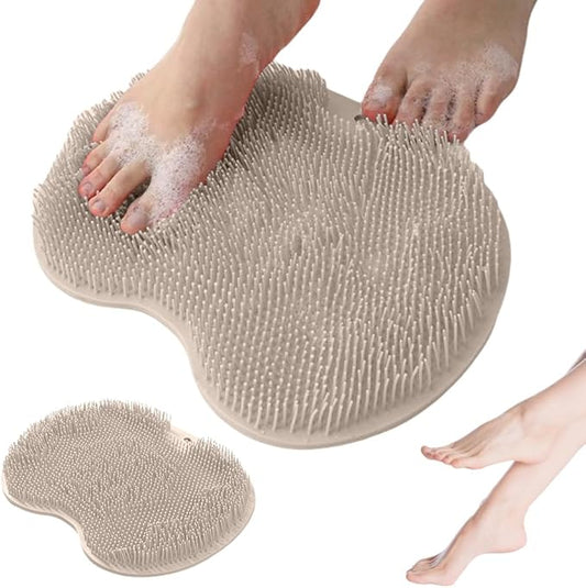 Shower Foot Scrubber Mat with Non-Slip Suction Cups, Non Slip Bathtub and Shower Mat with Suction Cups and Drain Holes, Foot Back Cleaning Pad Back Washer Exfoliating Bath Wash Pad (Khaki)