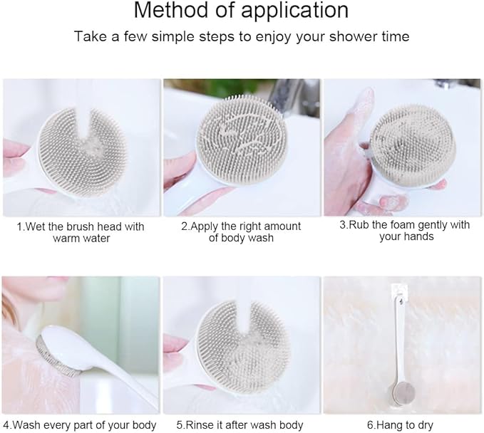 Silicone Back Scrubber for Shower, Exfoliating Body Scrubber with Handle, Soft Shower Scrub Exfoliator Brush for Men and Women, BPA Free, Non-Slip (Grey)