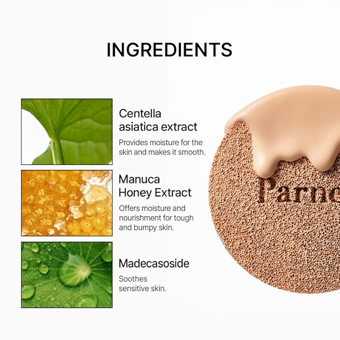 Parnell Cicamanu Serum Cushion - Moisturizing Foundation for Soothing, Coverage, Glass Skin and Lightweight for Sensitive and Dry Skin Pearl Skin (0.52 Fl Oz) (23N)