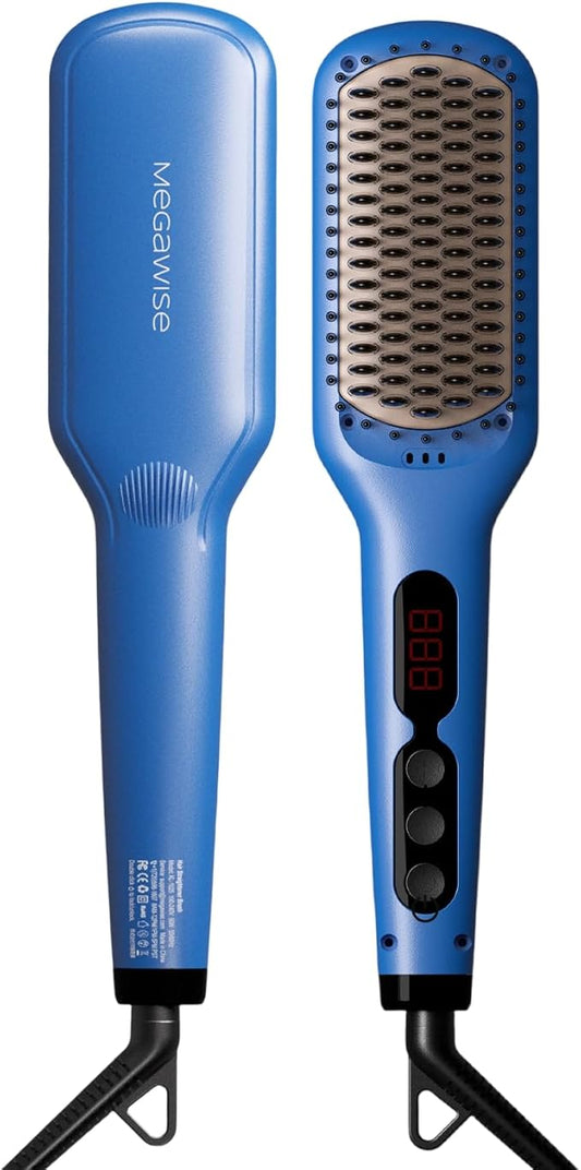 Updated 2025 MEGAWISE Hair Straightener Ceramic Brush; Anti-Scald Dual Voltage Flat Iron Hot Brush | Rotatable Cord |Auto Shutoff | Anti-frizz |for All Hair Types (Gentian Blue)