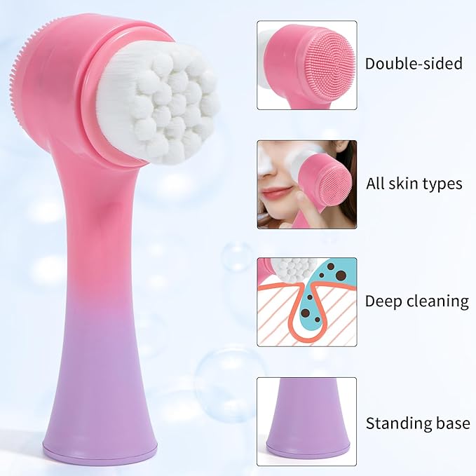 Face Brush 2 in 1, Silicone Facial Cleansing Exfoliating Brush Soft Bristles Pore Deep Cleansing Manual Dual Face Wash Scrub Brush For Massaging, Makeup Skincare Removal, Gradient Pink