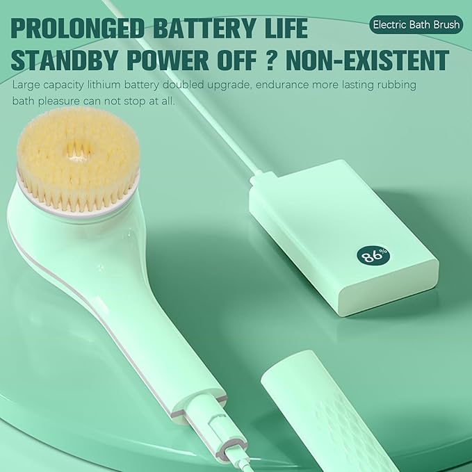 Electric Body Brush, Electric Body Scrubber, Long Handle Body wash applicator, Silicone Back Brush, 6 Shower Brush Heads ，for Cleaning, Massage and Exfoliation (Light Green)
