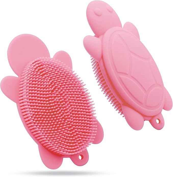 Soft and Gentle Silicone Body Scrubber, Pure Silicone Turtle Shaped Shower Brush Easy to Clean Exfoliating Bath Brush Suitable for Boys and Girls(Pink)