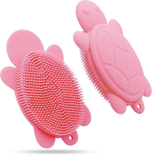 Soft and Gentle Silicone Body Scrubber, Pure Silicone Turtle Shaped Shower Brush Easy to Clean Exfoliating Bath Brush Suitable for Boys and Girls(Pink)
