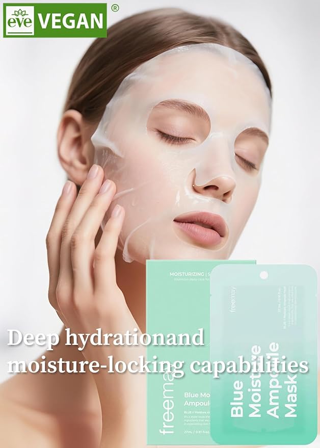 freemay Blue Moisture Ampoule Mask Deep Hydration with 8 Hyaluronic Acids & Phyto-Amino Acid Complex, Vegan Sheet Mask for Smoothing Fine Lines, Dry & Mature Skin, 10 Sheets