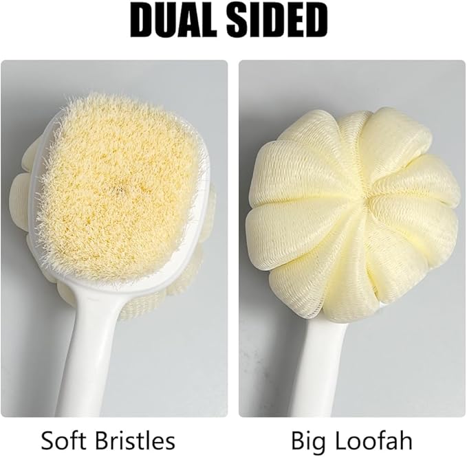 Shower Body Brush Soft Bristles and Loofah Long Handle Back Scrubber Bath Mesh Sponge Skin Exfoliating Men and Women (Grey)