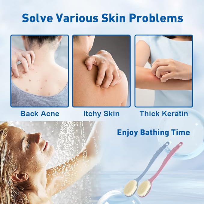 Back Scrubber for Shower with Handle, 2 PCS Bath Brush Stiff Bristles, Anti Slip, Body Exfoliator for Bath, Backbrush for Shower Men & Women