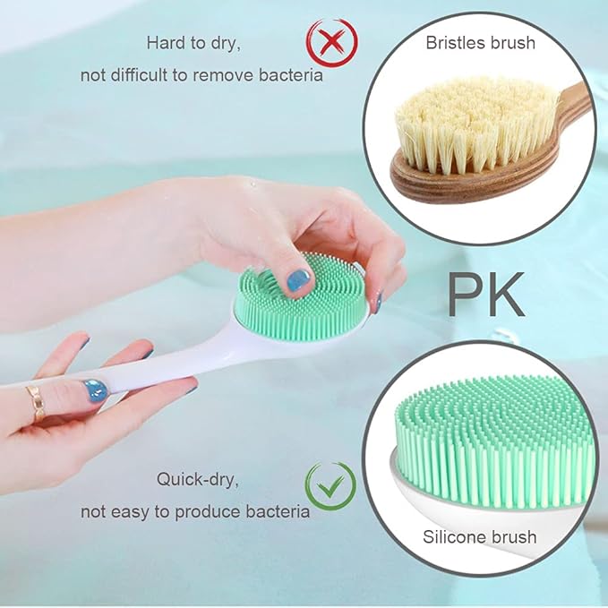Silicone Body Scrubber Exfoliator, Back Brush Long Handle for Shower with Soft Bristles, Shower Brush Scrubber for Body Men and Women, BPA Free, Non-Slip