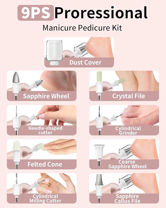 Manicure Pedicure Kit with Case, Professional Nail Grinder for Senior Thick Toenail, Cordless Electric Nail File, 5 Speeds Pedicure Tools for feet Callus Remover, Nail Drill for Women Hand Feet Care