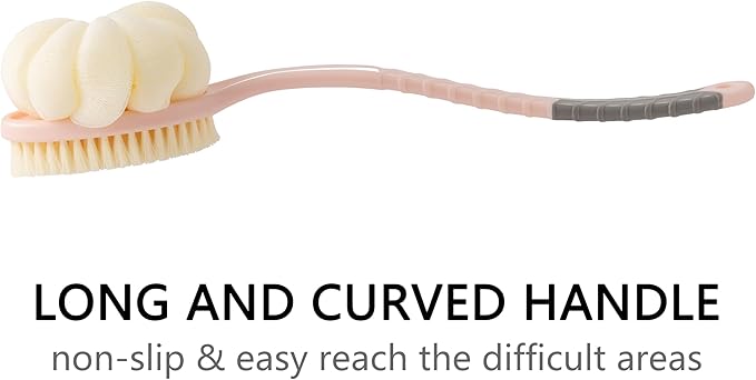 Shower Body Brush with Bristles and Large Pumpkin Loofah,Back Scrubber Bath Mesh Sponge with Anti-Slip Curved Long Handle for Skin Exfoliating,Massage Bristles for Wet or Dry,Men Women (Pink)