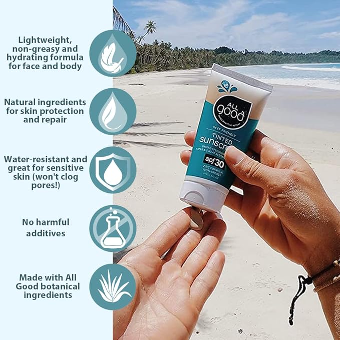 All Good Tinted Mineral Sport Sunscreen Lotion for Face & Body - UVA/UVB Broad Spectrum, SPF 30, Coral Reef Friendly, Water Resistant, Coconut Oil, Jojoba Oil, Shea Butter, Aloe (3 oz)(3-Pack)