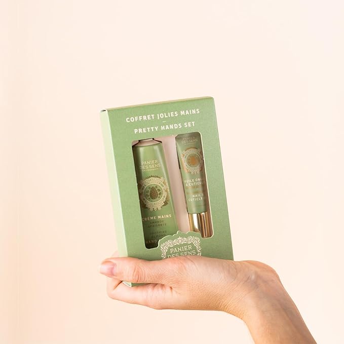 Panier des Sens - Pretty Hands Set - Almond Mini Hand Cream + Nail & Cuticle Oil - 97% Natural, Shea Butter & Sweet Almond - Travel Gift Set for Dry, Cracked Hands - French Skincare Holiday Gift