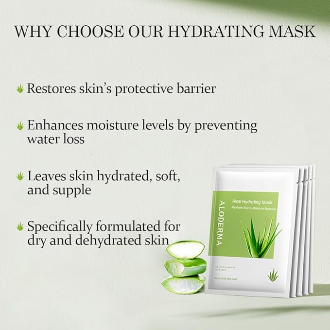 Aloderma Hydrating Sheet Face Masks with 87% Organic Aloe Vera - 5 pack Moisturizing Facial Masks with Hyaluronic Acid & Bergamot Oil for Nourished, Radiant Skin - Aloe Vera Natural Skincare