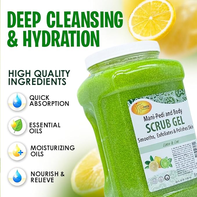 SPA REDI – Lemon & Lime Pumice Scrub Gel, Exfoliating, Hydrating & Nourishing, Infused with Hyaluronic Acid, Amino Acids, Panthenol and Comfrey Extract for Glowy Smooth Skin – 128oz Gallon