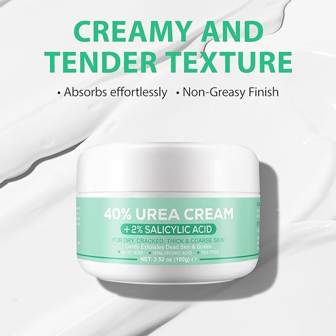 40% Urea Cream for Feet (3.52 oz), Foot Cream for Thick, Cracked, Rough, Dead & Dry Skin, Foot Lotion with 2% Salicylic Acid, Tea Tree , Aloe Vera, Moisturizer For Feet, Elbows, Hands & Knees