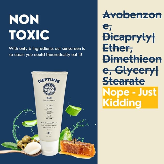 Neptune Non-Toxic Sunscreen - Grass Fed Beef Tallow, Zinc Oxide Mineral Based Sunscreen with Propolis for Skin Healing and Moisturization