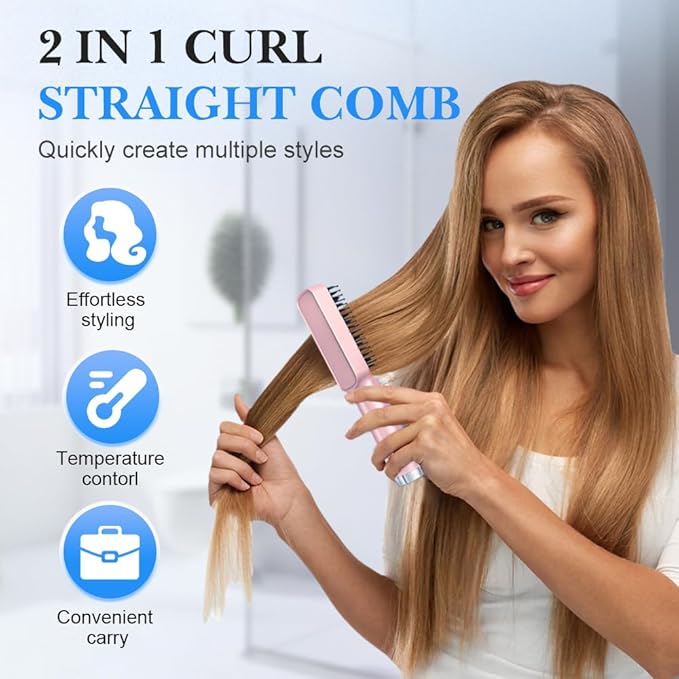 Cordless Hair Straightener Brush, Portable Mini Hair Straightening Comb with 3 Temperature Options, Fast Heating Travel Hair Straightener for Women (Purple)