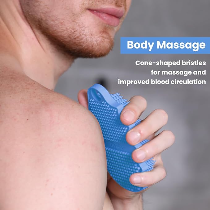 Silicone Body Scrubber Silver-Infused Dual-Sided 3-in-1 for Shower, Body Cleaning+Massage+Exfoliator Body Brush Buffer for Men and Women, Silicone Loofah, Non-Slip Handle (Sky Blue)