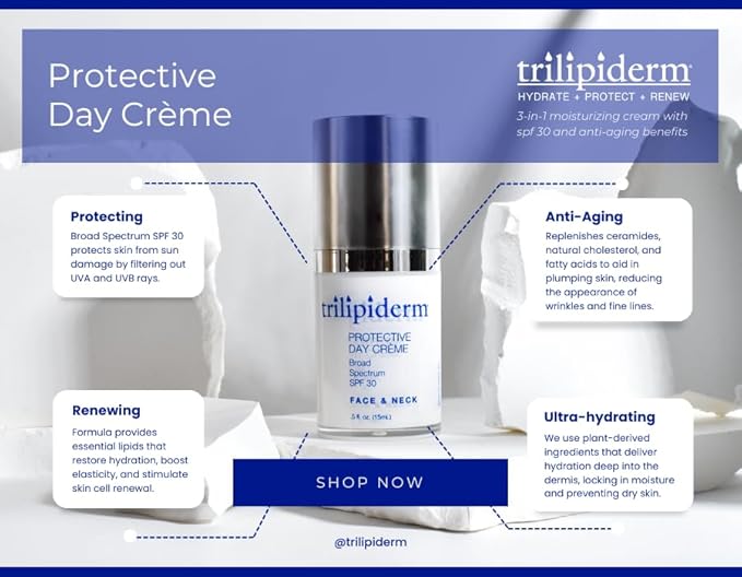 Trilipiderm Day Crème Mini .5oz, Broad Spectrum SPF 30 Protection and Anti-Aging Hyaluronic Acid On the Go All day, Travel Size