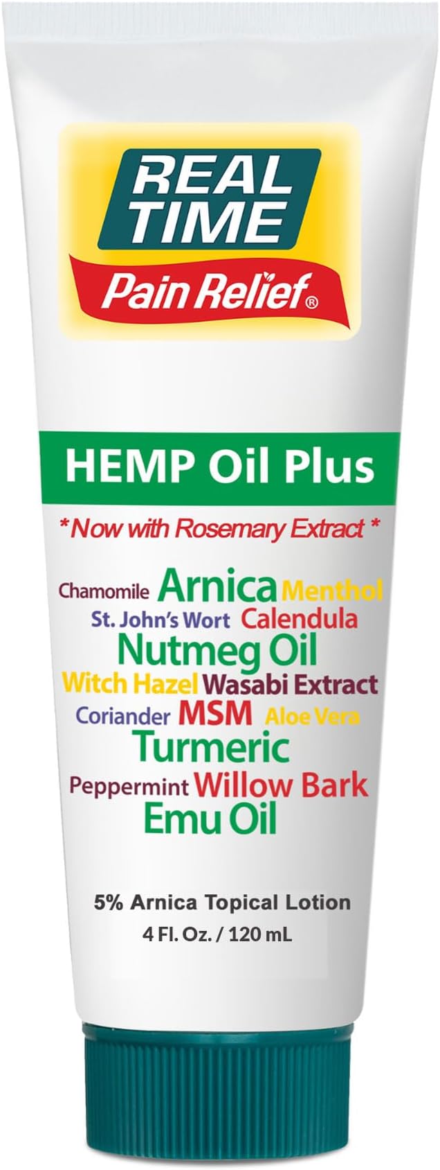Real Time Pain Relief Hemp Oil Plus 4oz Tube | 20 Natural Ingredients: 5% Arnica & Turmeric | Fast Absorbing Lotion for Muscles, Hands, Feet, Ankles, Back, Shoulders, Knees & Joints Discomfort