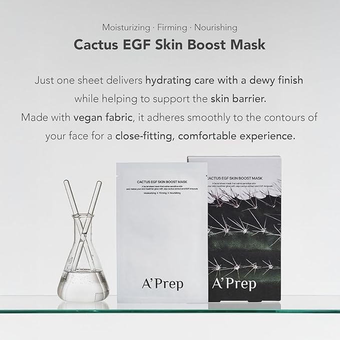 A'Prep Cactus EGF Skin Boost Mask (5 Sheets) – Hydrating & Nourishing Sheet Mask with Jeju Cactus Extract & EGF | Vegan-Certified for Sensitive Skin | Korean Skincare
