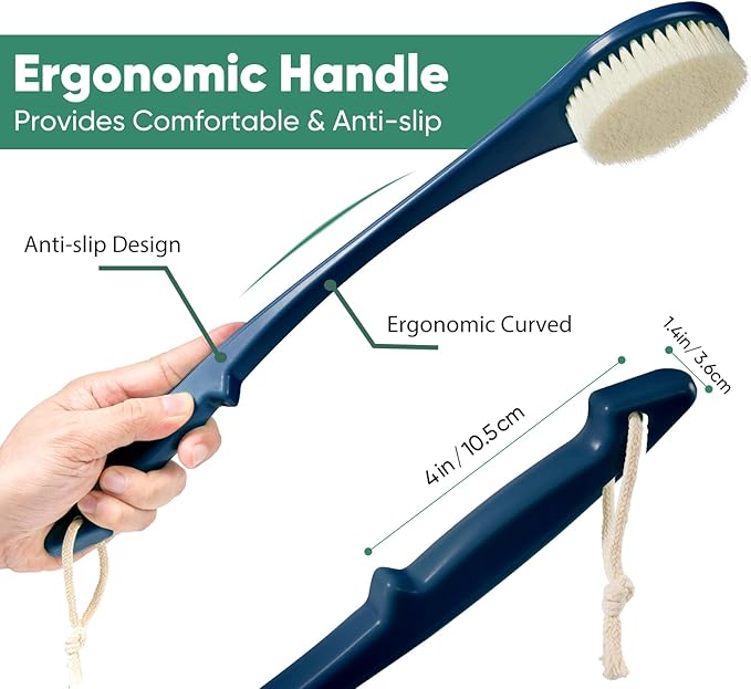 Back Scrubber for Shower, 17-Inch Shower Brush for Men and Women, Long Handle Exfoliating Body Brush, Medium Bristle Stiffness for Dry or Wet Brushing (Navy Blue)