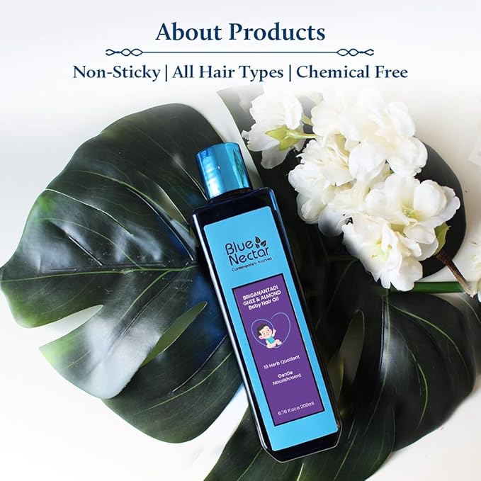 Blue Nectar Ayurvedic Baby Hair Oil with Organic Ghee, Almond Oil, Coconut Oil & Olive Oil for Hair and Scalp (18 Herbs, 200 ml)