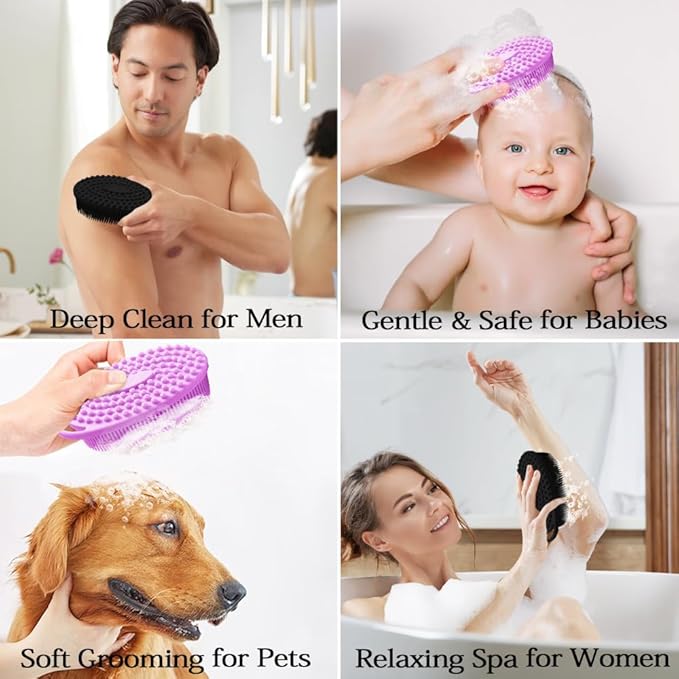 2 Pack Silicone Body Scrubber with Loofah Exfoliating Soft Body Shower Scrubber for Body, 2 in 1 Bath and Shampoo Wash Brush for Skin Exfoliation Men Women (Purple&Black)