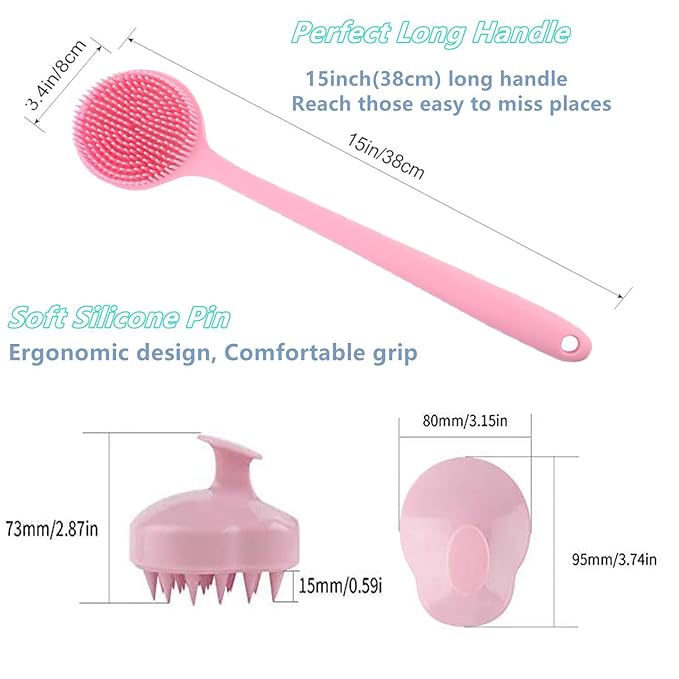 Silicone Body Scrubber & Scalp Massager, Long Handle Shower Brush, Exfoliating Scrubber for Men, Women & Kids