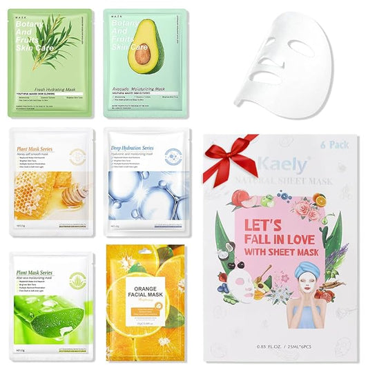 6 PCS Real Hydrating Avocado Honey Orange Aloe Vera Nature Face Masks Skincare, Hyaluronic Acid, Vitamin C and E, Chamomile, Korean Beauty Essence Facial Paper Sheet Mask for Skin Care Moisturizing