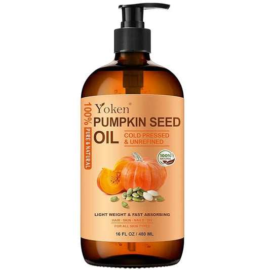 Cold-Pressed Pumpkin Seed Oil for Hair, Glass Bottle, 100% Pure & Natural Carrier, Massage Oils, Unrefined, 16 Fl Oz with Pump, Pumpkin Oil for Skin, Face, Nails, Body Moisturizer, Hexane-Free